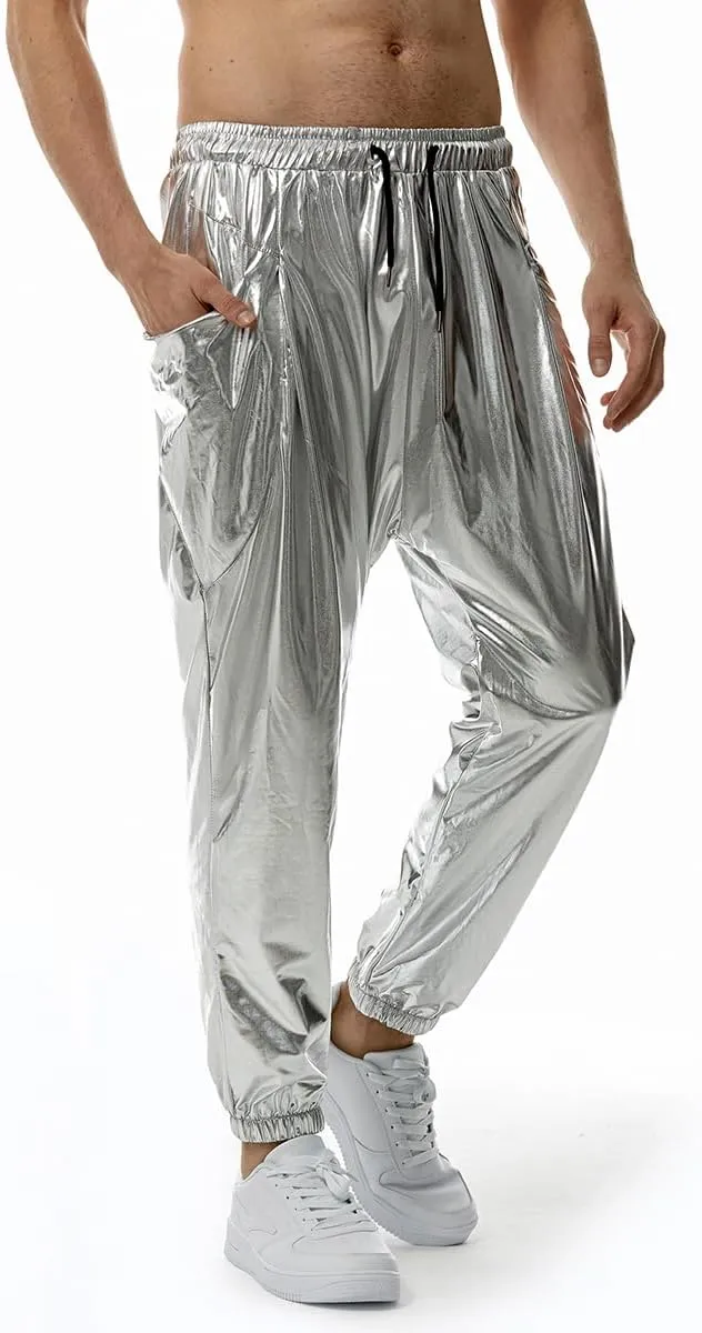 GRAJTCIN Mens Metallic Disco Pants - 70s/80s Sequin Drawstring Waist Party Club Rave Shiny Jogger