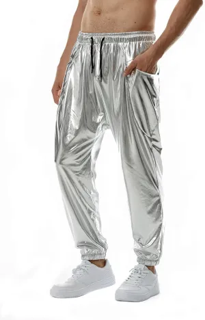 GRAJTCIN Mens Metallic Disco Pants - 70s/80s Sequin Drawstring Waist Party Club Rave Shiny Jogger