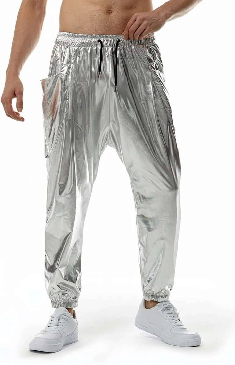 GRAJTCIN Mens Metallic Disco Pants - 70s/80s Sequin Drawstring Waist Party Club Rave Shiny Jogger