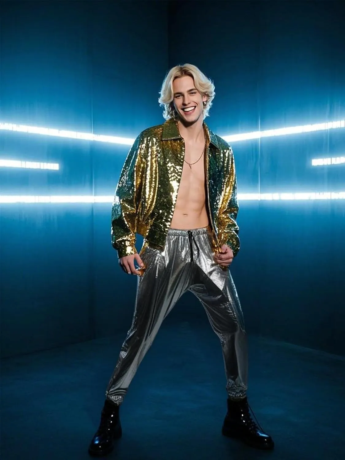 GRAJTCIN Mens Metallic Disco Pants - 70s/80s Sequin Drawstring Waist Party Club Rave Shiny Jogger