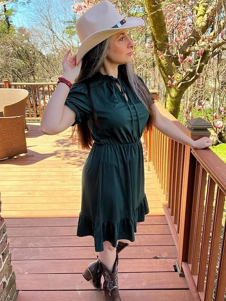 GRECERELLE 2025 Women Casual Summer Dress Tie Neck Ruffle Short Sleeve High Waist A-Line Mini Dress