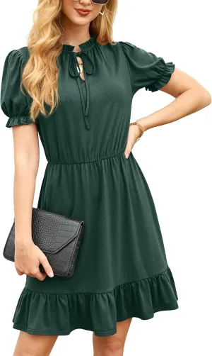 GRECERELLE 2025 Women Casual Summer Dress Tie Neck Ruffle Short Sleeve High Waist A-Line Mini Dress