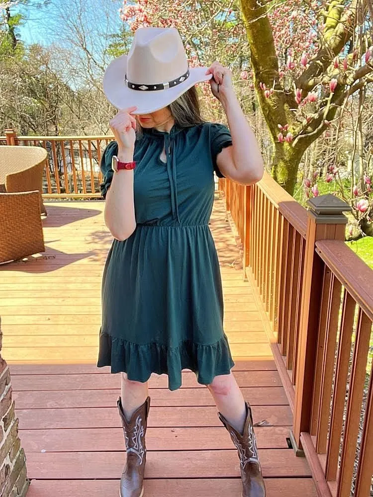 GRECERELLE 2025 Women Casual Summer Dress Tie Neck Ruffle Short Sleeve High Waist A-Line Mini Dress