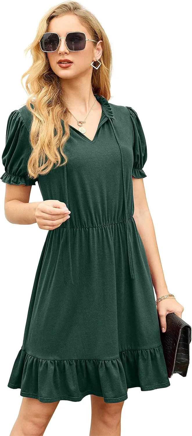 GRECERELLE 2025 Women Casual Summer Dress Tie Neck Ruffle Short Sleeve High Waist A-Line Mini Dress