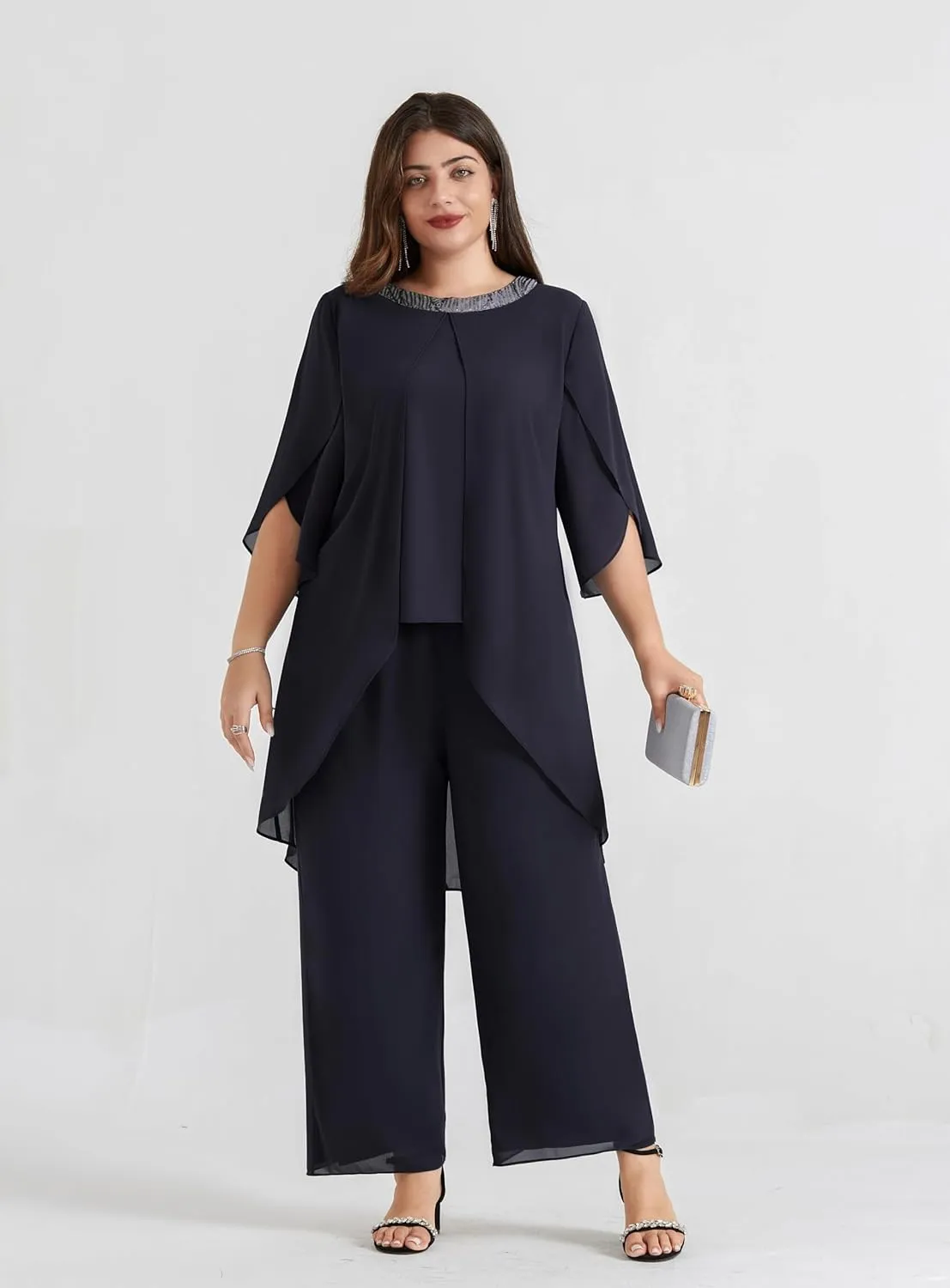 Hanna Nikole Plus Size Mother of The Bride Pant Suits 2 Piece Chiffon Sets Dressy Wedding Guest Outfit with High Low Hem