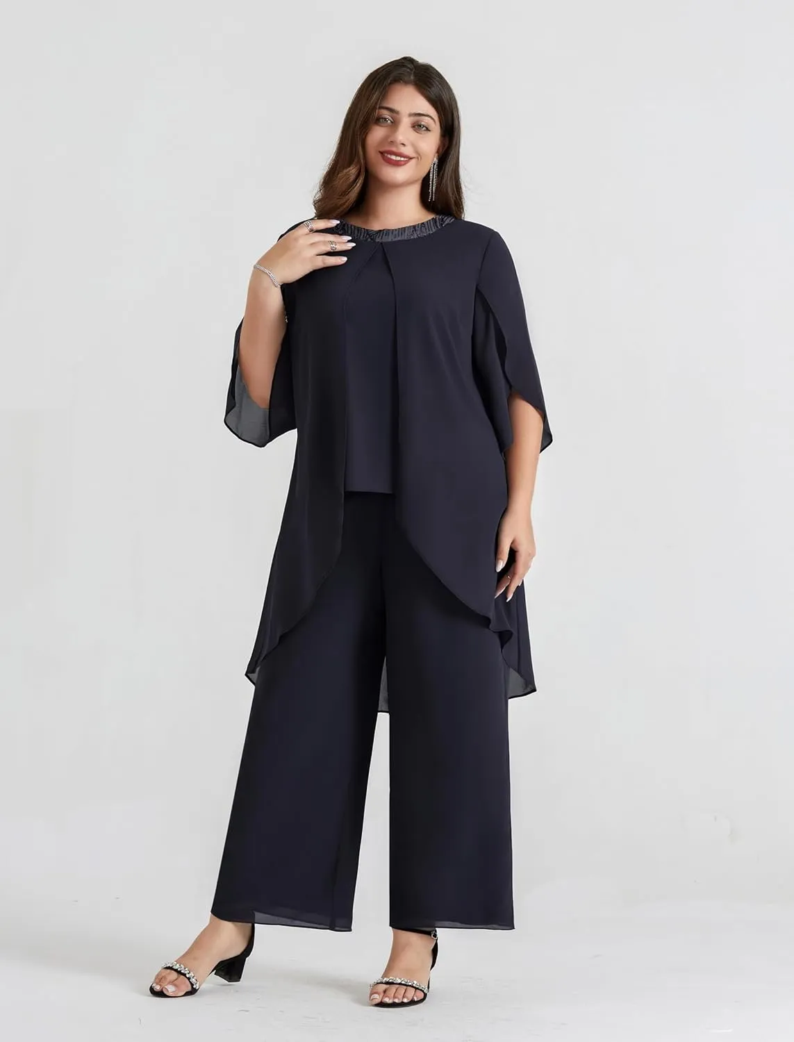 Hanna Nikole Plus Size Mother of The Bride Pant Suits 2 Piece Chiffon Sets Dressy Wedding Guest Outfit with High Low Hem