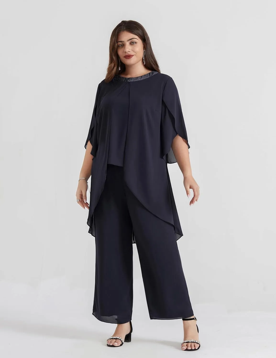 Hanna Nikole Plus Size Mother of The Bride Pant Suits 2 Piece Chiffon Sets Dressy Wedding Guest Outfit with High Low Hem