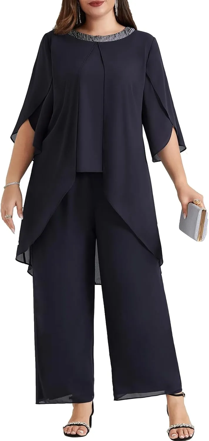 Hanna Nikole Plus Size Mother of The Bride Pant Suits 2 Piece Chiffon Sets Dressy Wedding Guest Outfit with High Low Hem
