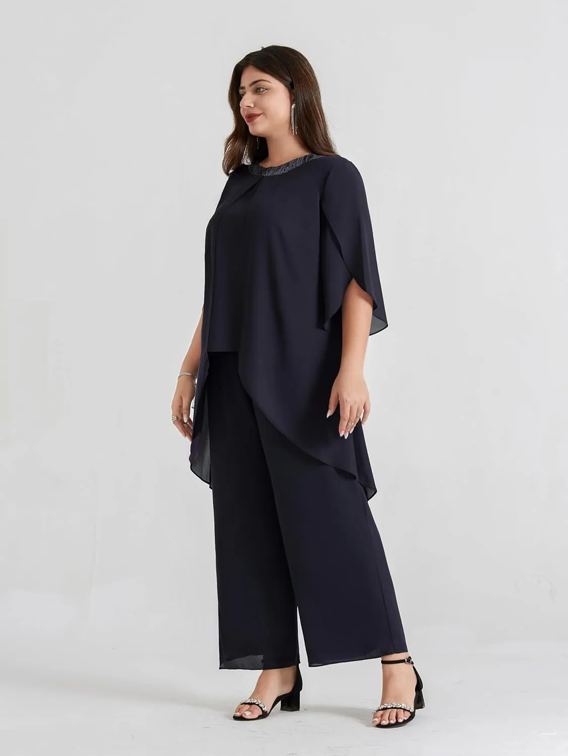Hanna Nikole Plus Size Mother of The Bride Pant Suits 2 Piece Chiffon Sets Dressy Wedding Guest Outfit with High Low Hem