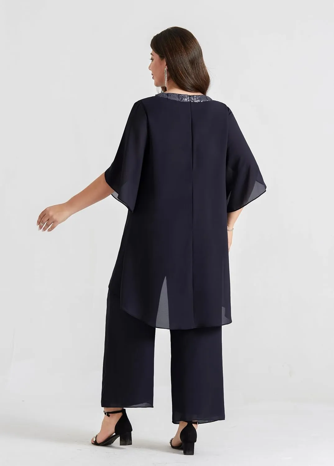 Hanna Nikole Plus Size Mother of The Bride Pant Suits 2 Piece Chiffon Sets Dressy Wedding Guest Outfit with High Low Hem