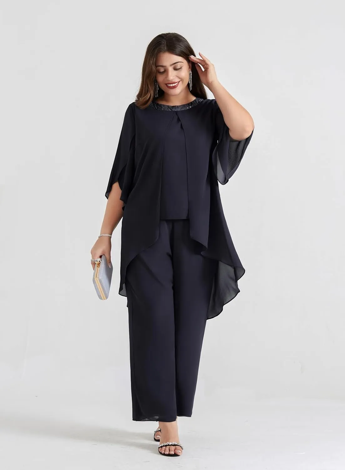 Hanna Nikole Plus Size Mother of The Bride Pant Suits 2 Piece Chiffon Sets Dressy Wedding Guest Outfit with High Low Hem
