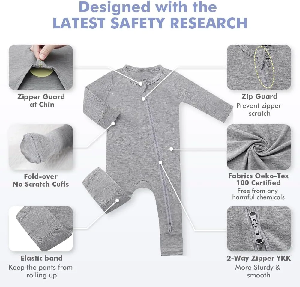 HAPIU Unisex Rayon Made from Bamboo Baby Rompers with Cuffs, 2 Way Zipper YKK, Footless Pajamas Jumpsuit