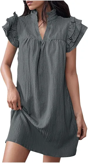 HGps8w Women's 2025 Summer Linen Dress, Cute Ruffle Cap Sleeve V Neck Casual Solid Loose Fit Beach Mini Dresses