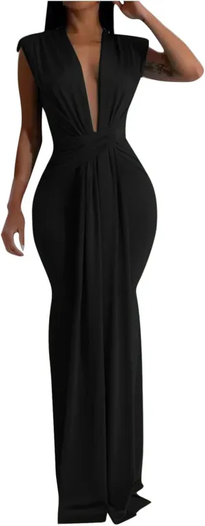 HGps8w Womens Deep V-Neck Sleeveless Party Dress with Pad Shoulder Mermaid Cocktail Maxi Dress Formal Party Evening Gowns