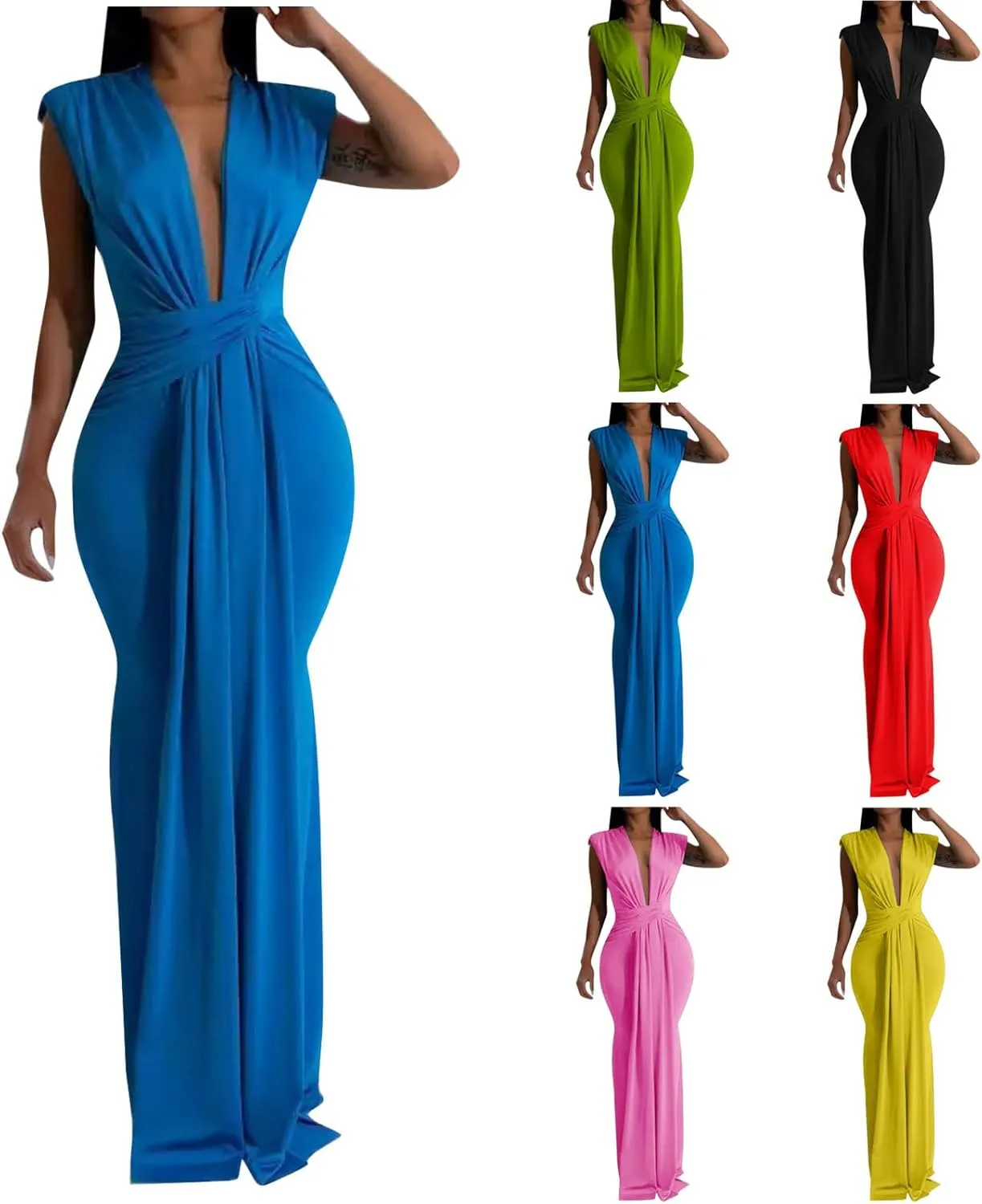 HGps8w Womens Deep V-Neck Sleeveless Party Dress with Pad Shoulder Mermaid Cocktail Maxi Dress Formal Party Evening Gowns
