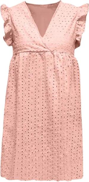 HGps8w Women's Summer Dresses V Neck Short Sleeve Hollow Out Swing Cute Ruffle Hem Dress Casual Mini Beach Sundresses