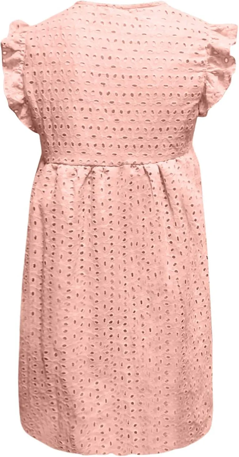 HGps8w Women's Summer Dresses V Neck Short Sleeve Hollow Out Swing Cute Ruffle Hem Dress Casual Mini Beach Sundresses