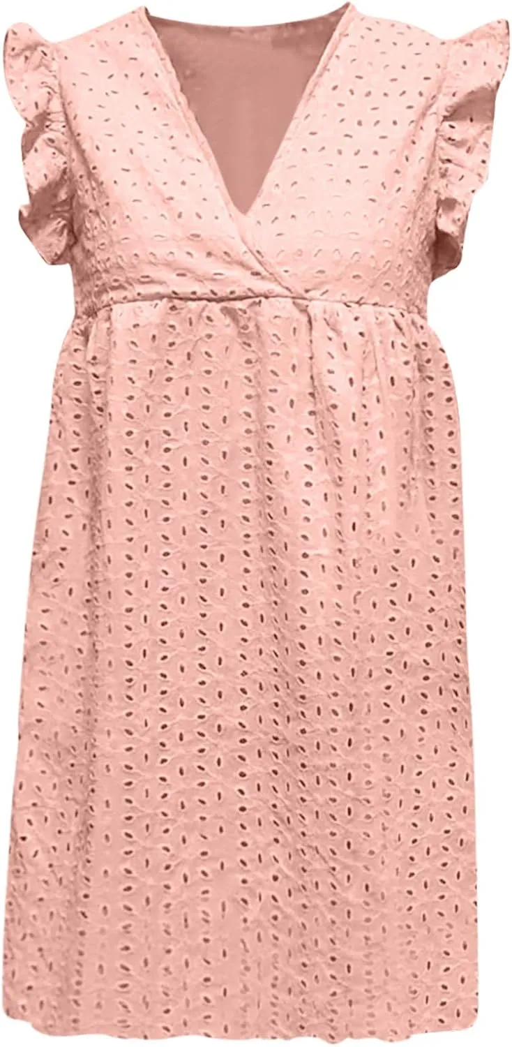 HGps8w Women's Summer Dresses V Neck Short Sleeve Hollow Out Swing Cute Ruffle Hem Dress Casual Mini Beach Sundresses