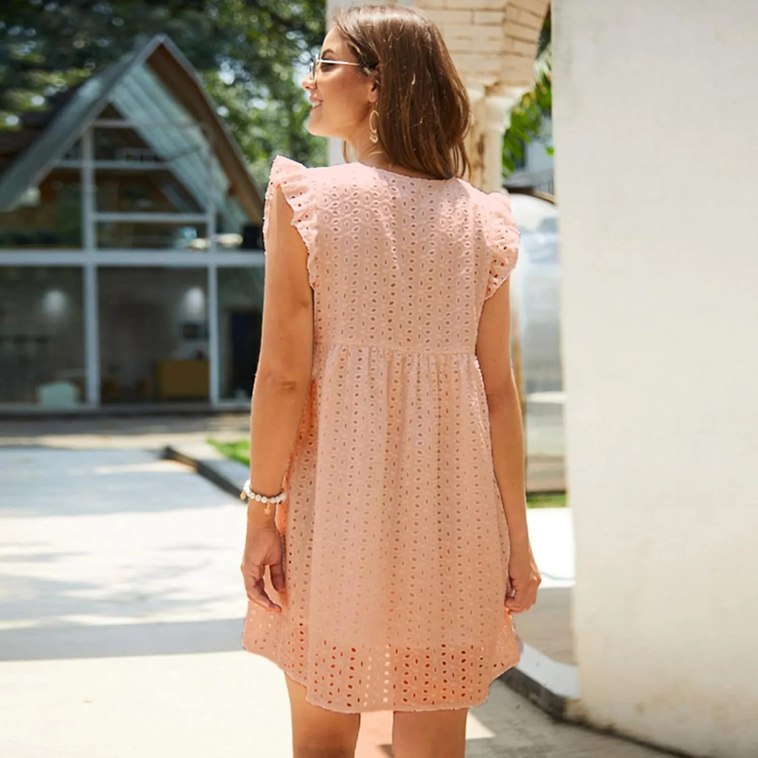 HGps8w Women's Summer Dresses V Neck Short Sleeve Hollow Out Swing Cute Ruffle Hem Dress Casual Mini Beach Sundresses