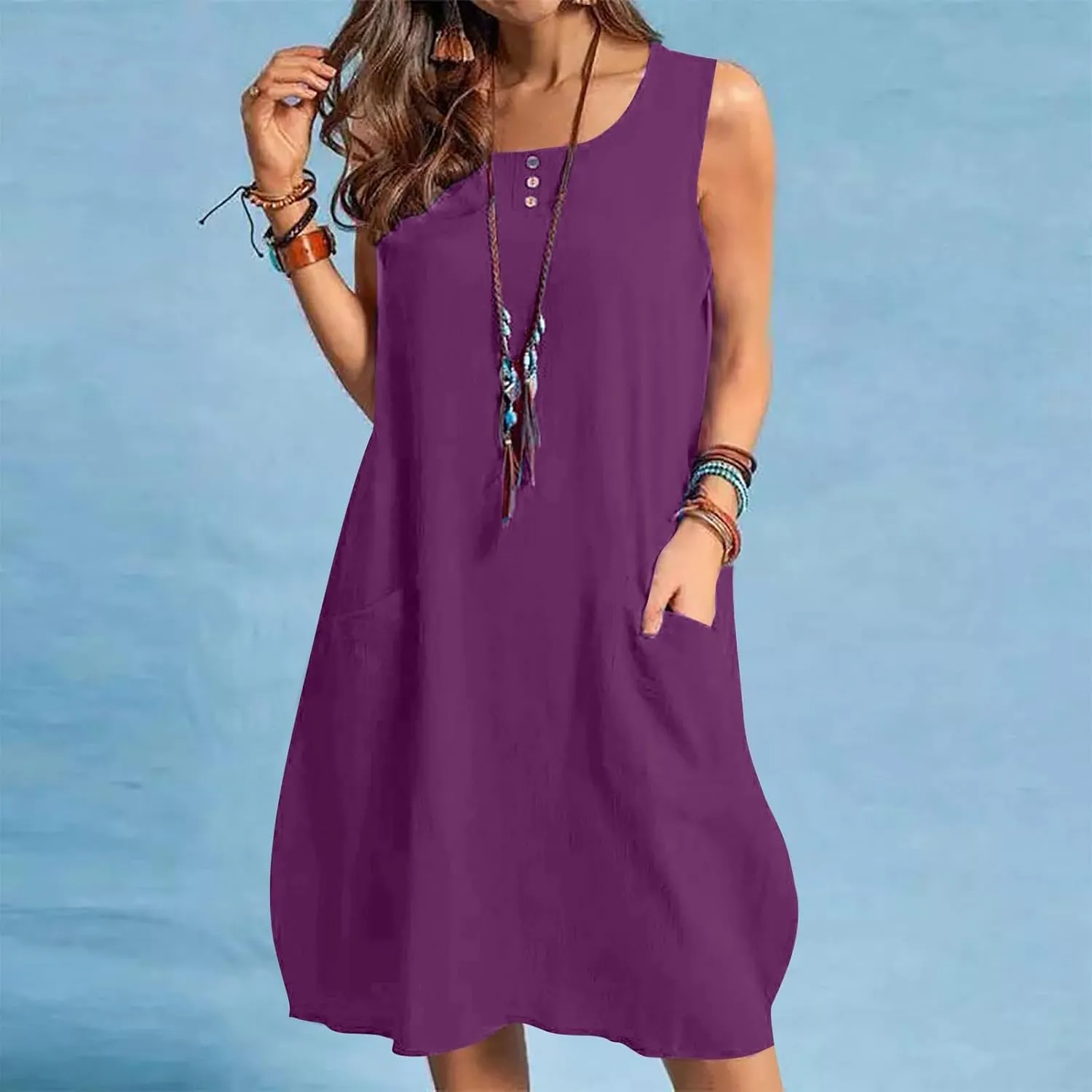 hlysgo Mini Dresses for Women 2025 Casual Comfy Cotton Linen Cover Up Dress Summer Sleeveless Beach Sundress with Pockets