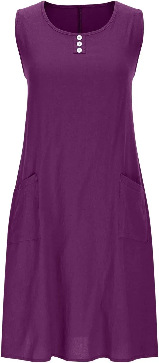 hlysgo Mini Dresses for Women 2025 Casual Comfy Cotton Linen Cover Up Dress Summer Sleeveless Beach Sundress with Pockets