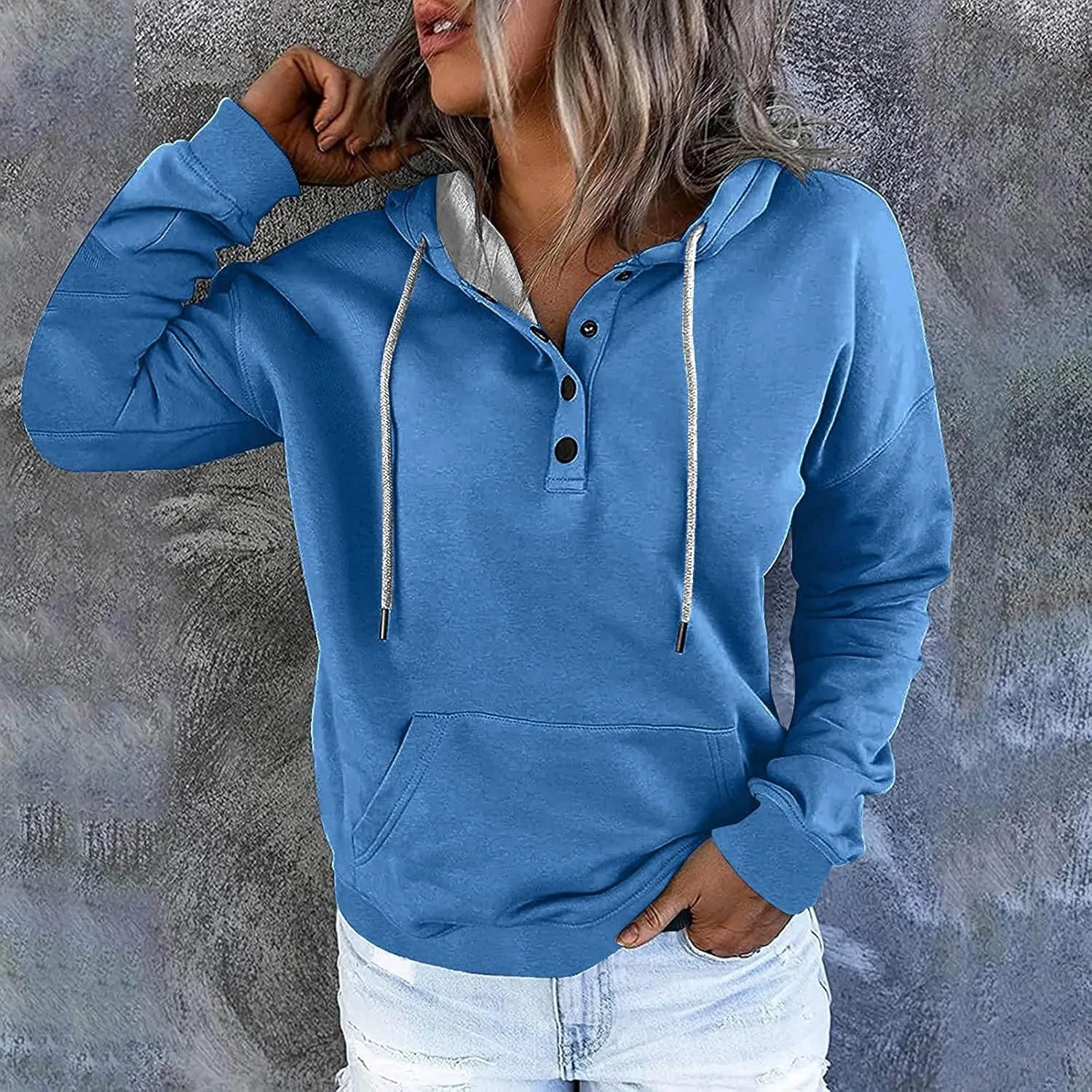 Hoodies for Women Button Down Black Hoodie Plain Loose Fit Sweatshirt Casual Fashion Holiday Pullover Top with Pockets