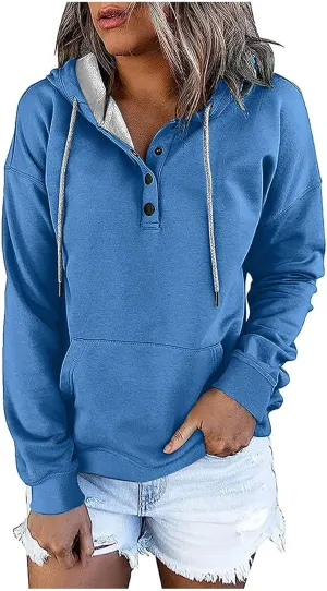 Hoodies for Women Button Down Black Hoodie Plain Loose Fit Sweatshirt Casual Fashion Holiday Pullover Top with Pockets