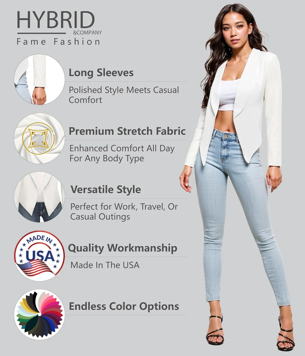 Hybrid & Company Womens Casual Work Office Blazer Open Front Heavy Ponti Shawl Collar Long Sleeve Jacket