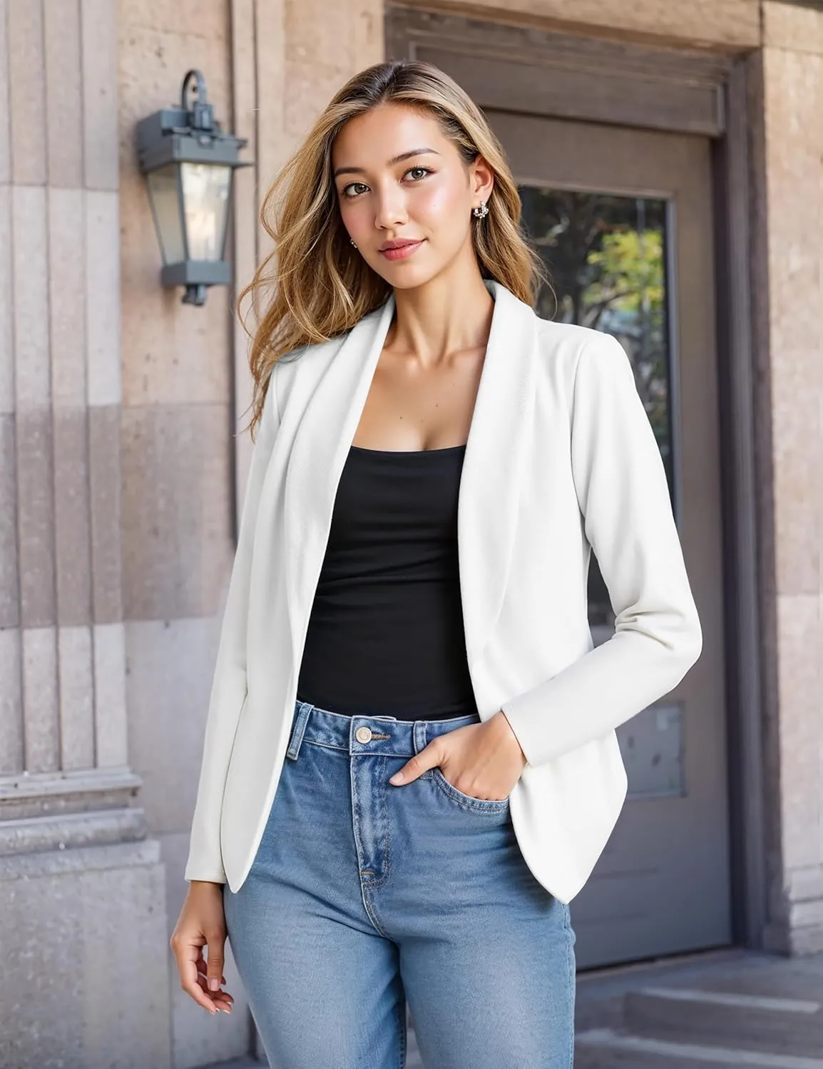 Hybrid & Company Womens Casual Work Office Blazer Open Front Heavy Ponti Shawl Collar Long Sleeve Jacket