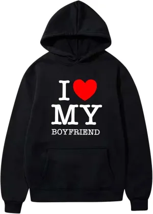 I Love Boyfriend Hoodies for Women Love Heart Print Sweatshirt Oversized Funny Letter Print Pullover Top with Pocket