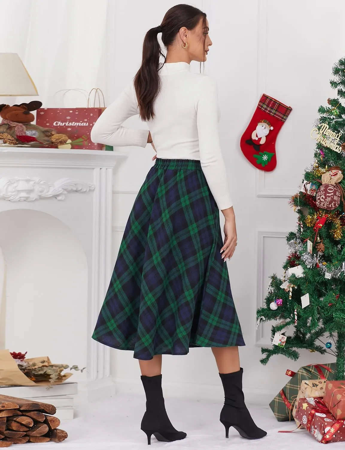 IDEALSANXUN Womens Plaid Skirt Elastic Waist A-line Midi Pleated Skirts