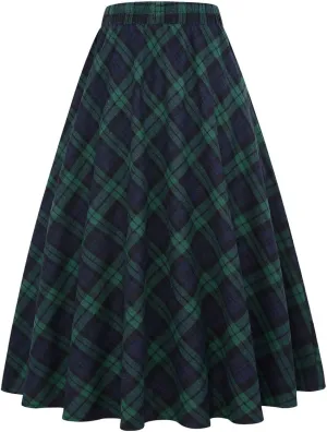 IDEALSANXUN Womens Plaid Skirt Elastic Waist A-line Midi Pleated Skirts