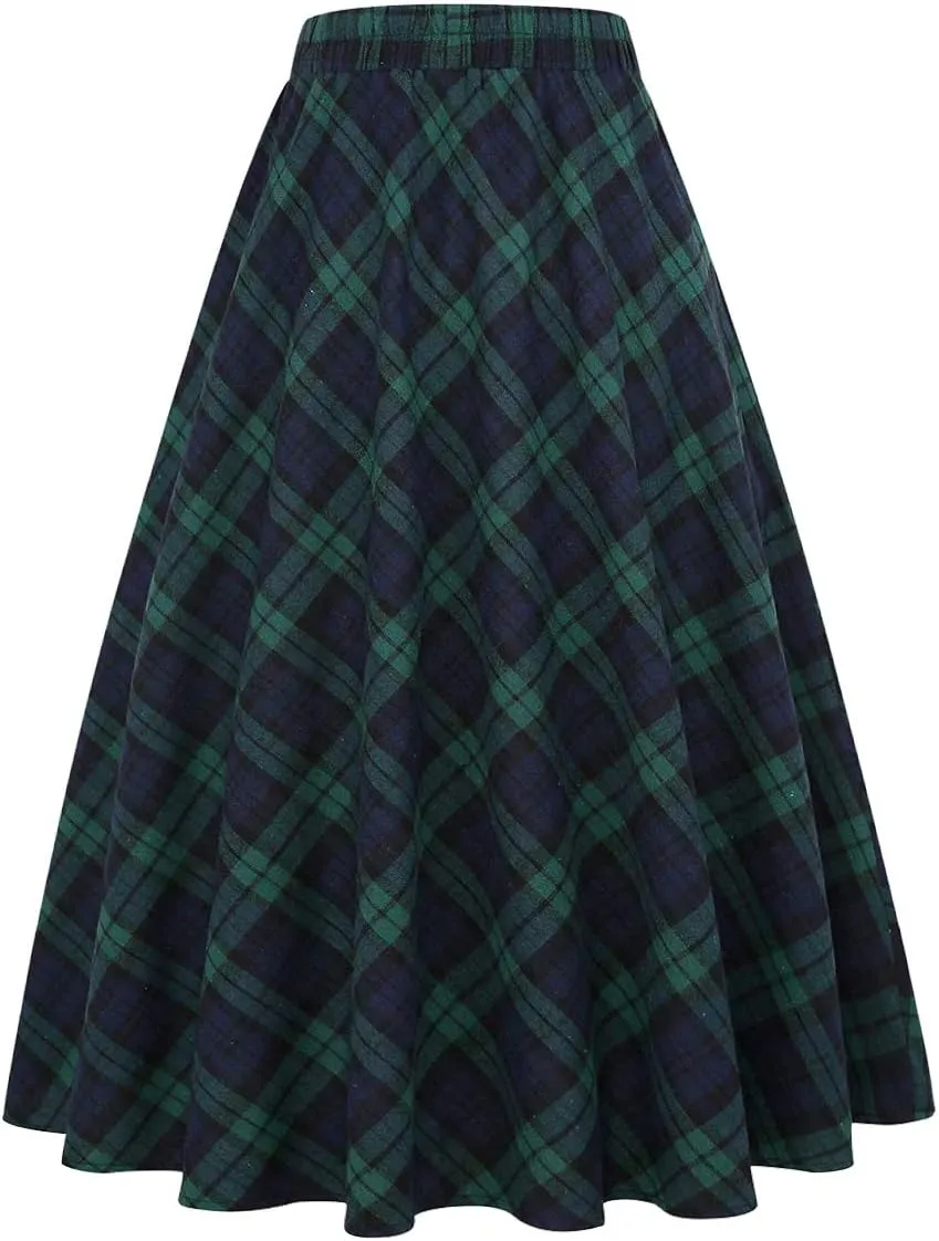 IDEALSANXUN Womens Plaid Skirt Elastic Waist A-line Midi Pleated Skirts