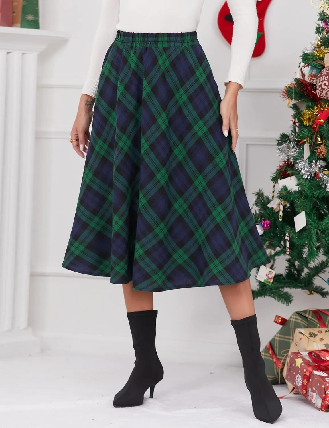 IDEALSANXUN Womens Plaid Skirt Elastic Waist A-line Midi Pleated Skirts