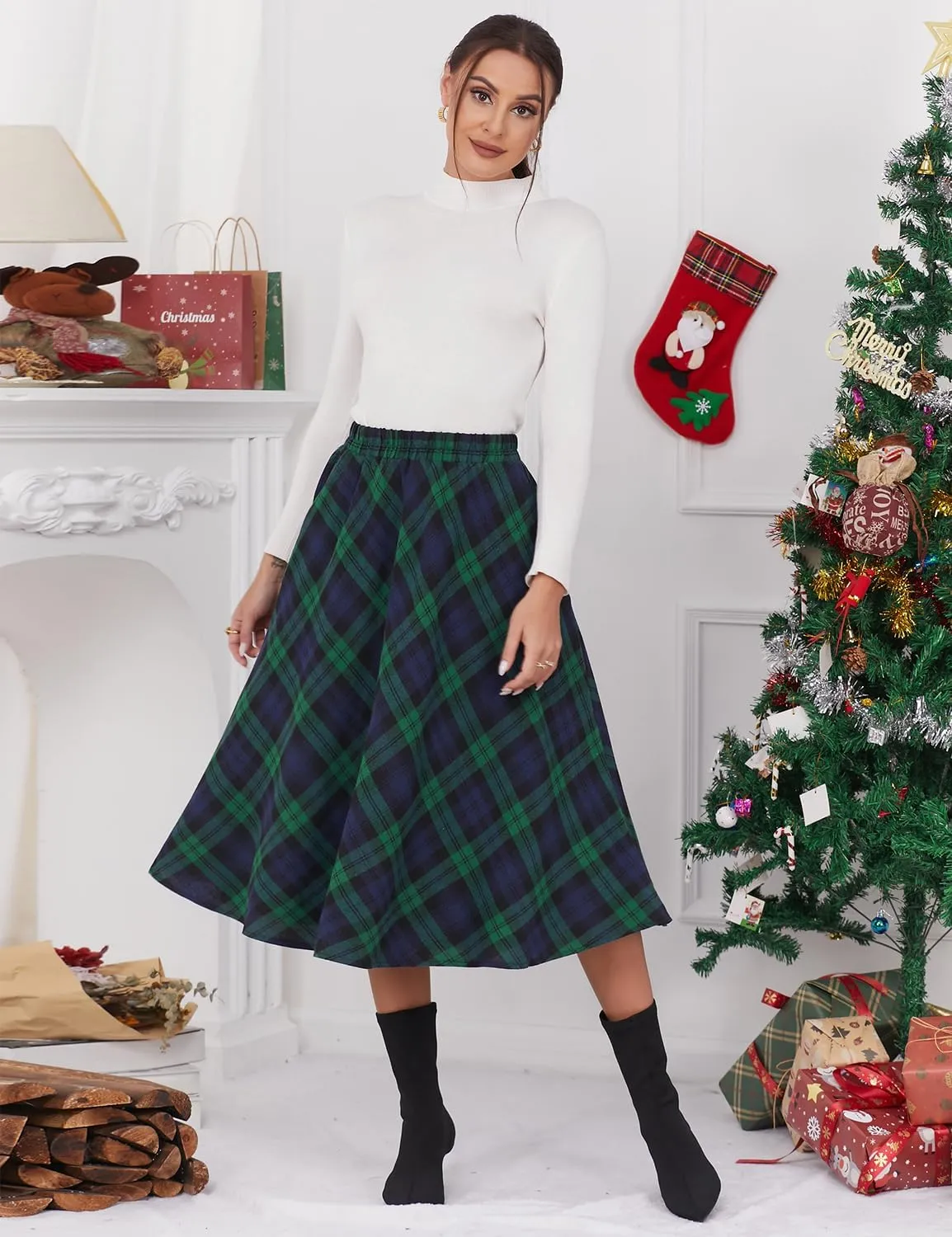 IDEALSANXUN Womens Plaid Skirt Elastic Waist A-line Midi Pleated Skirts