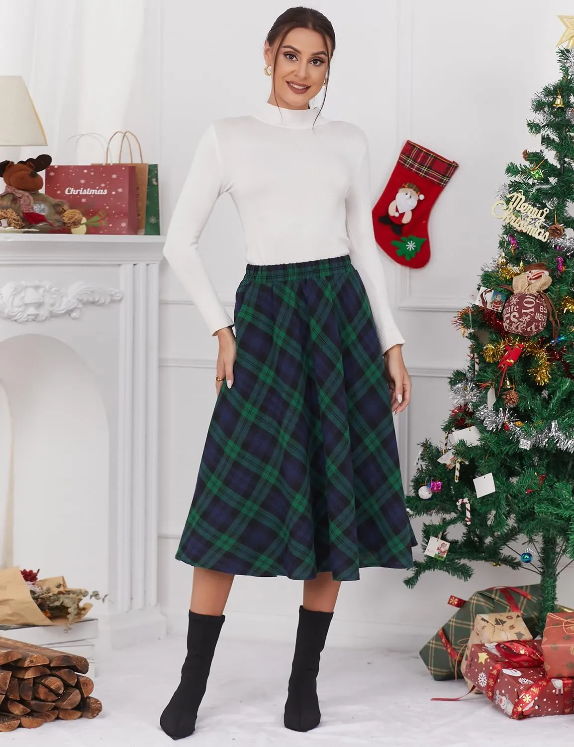 IDEALSANXUN Womens Plaid Skirt Elastic Waist A-line Midi Pleated Skirts