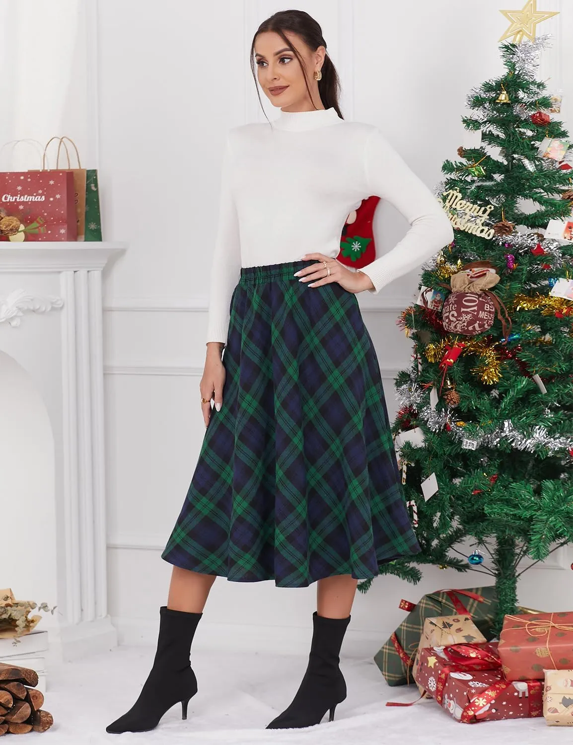 IDEALSANXUN Womens Plaid Skirt Elastic Waist A-line Midi Pleated Skirts