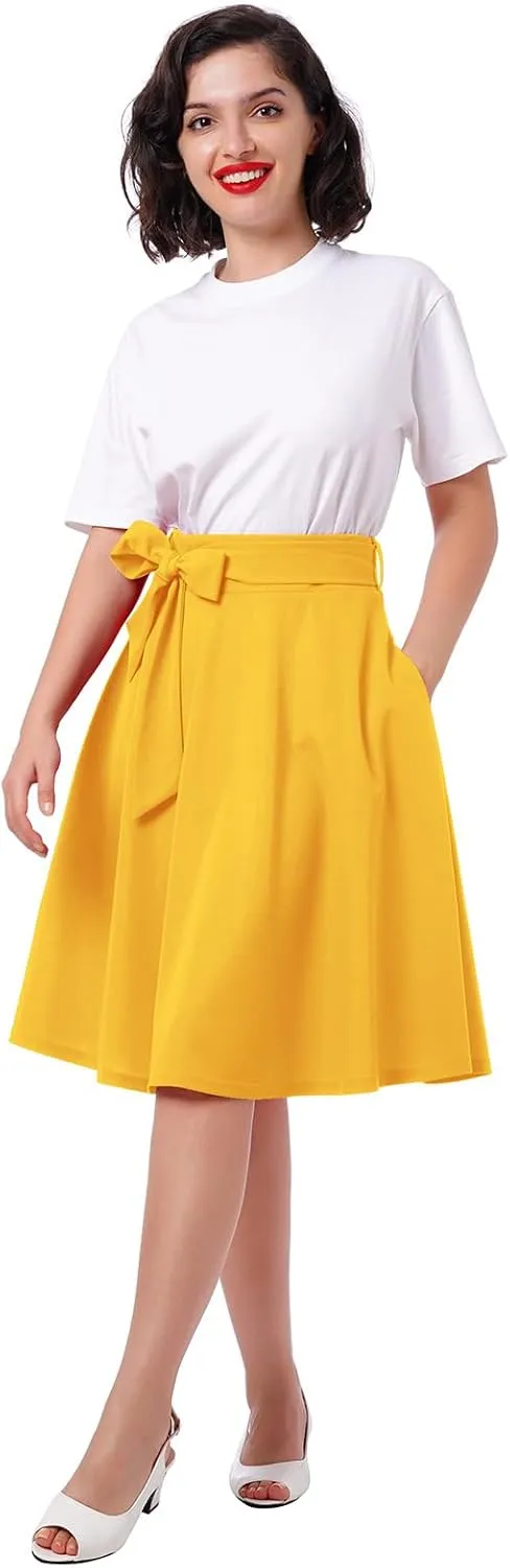 IDOPIP Women 50s Vintage Skirt High Waist Tie Front A Line Skirt Elegant Cocktail Swing Skirt Pleated Midi Skirt with Pockets