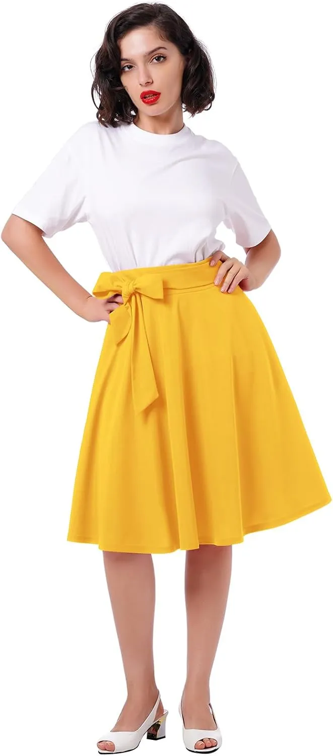 IDOPIP Women 50s Vintage Skirt High Waist Tie Front A Line Skirt Elegant Cocktail Swing Skirt Pleated Midi Skirt with Pockets