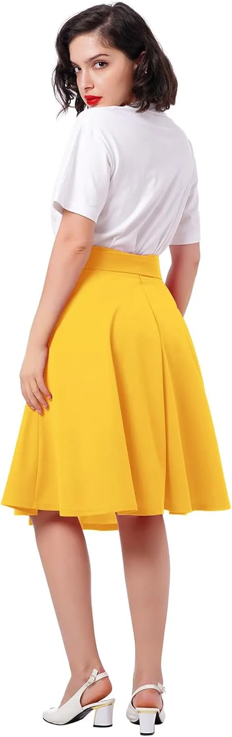 IDOPIP Women 50s Vintage Skirt High Waist Tie Front A Line Skirt Elegant Cocktail Swing Skirt Pleated Midi Skirt with Pockets