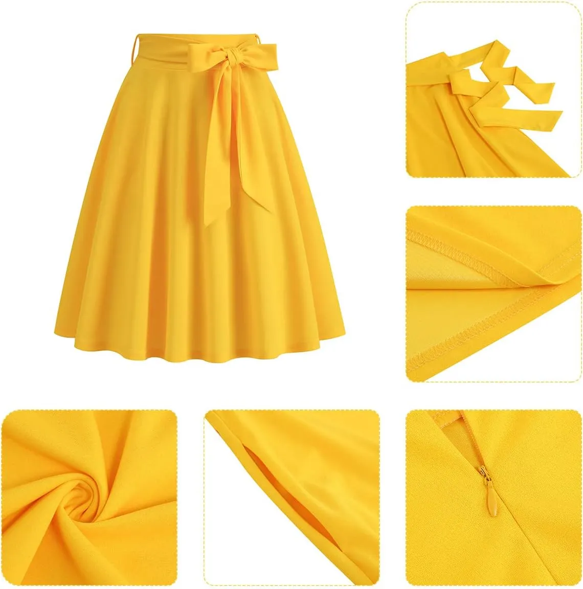 IDOPIP Women 50s Vintage Skirt High Waist Tie Front A Line Skirt Elegant Cocktail Swing Skirt Pleated Midi Skirt with Pockets