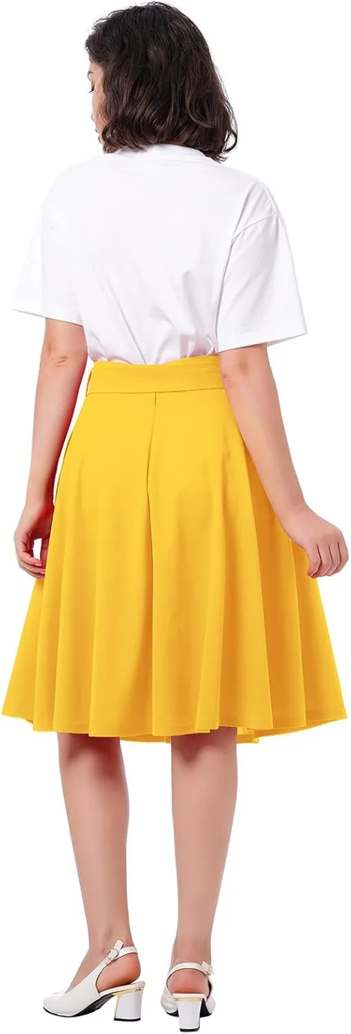 IDOPIP Women 50s Vintage Skirt High Waist Tie Front A Line Skirt Elegant Cocktail Swing Skirt Pleated Midi Skirt with Pockets