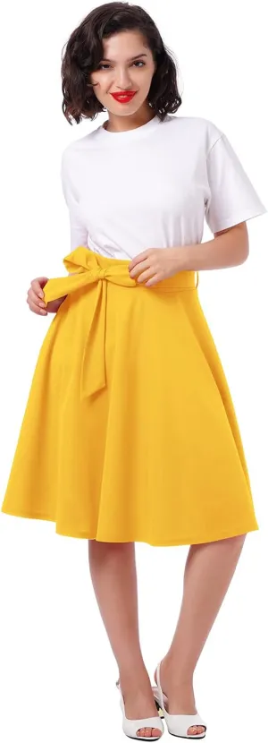 IDOPIP Women 50s Vintage Skirt High Waist Tie Front A Line Skirt Elegant Cocktail Swing Skirt Pleated Midi Skirt with Pockets