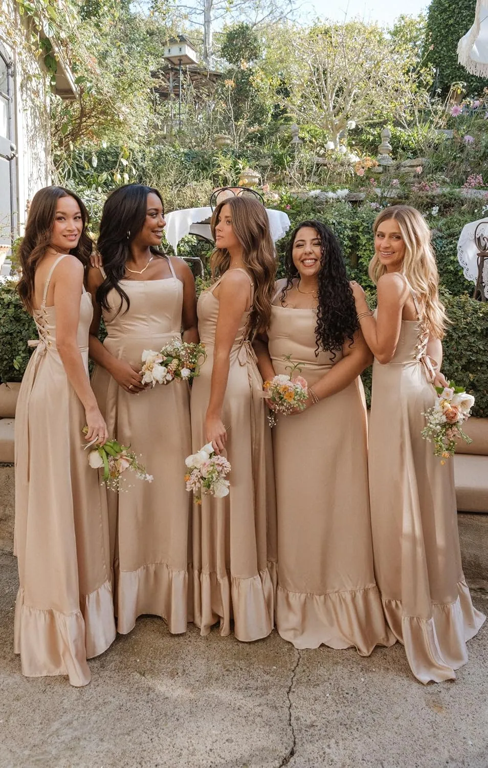 IIF Satin Bridesmaid Dresses for Women Spaghetti Strap Square Neck Ruffle Evening Formal Gowns with Slit IIF123