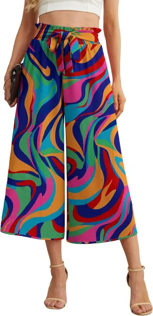 IWOLLENCE Women Flowy Loose Wide Leg Pant Summer Beach Casual Trousers high Waist Adjustable Knot Business Work Casual Pants