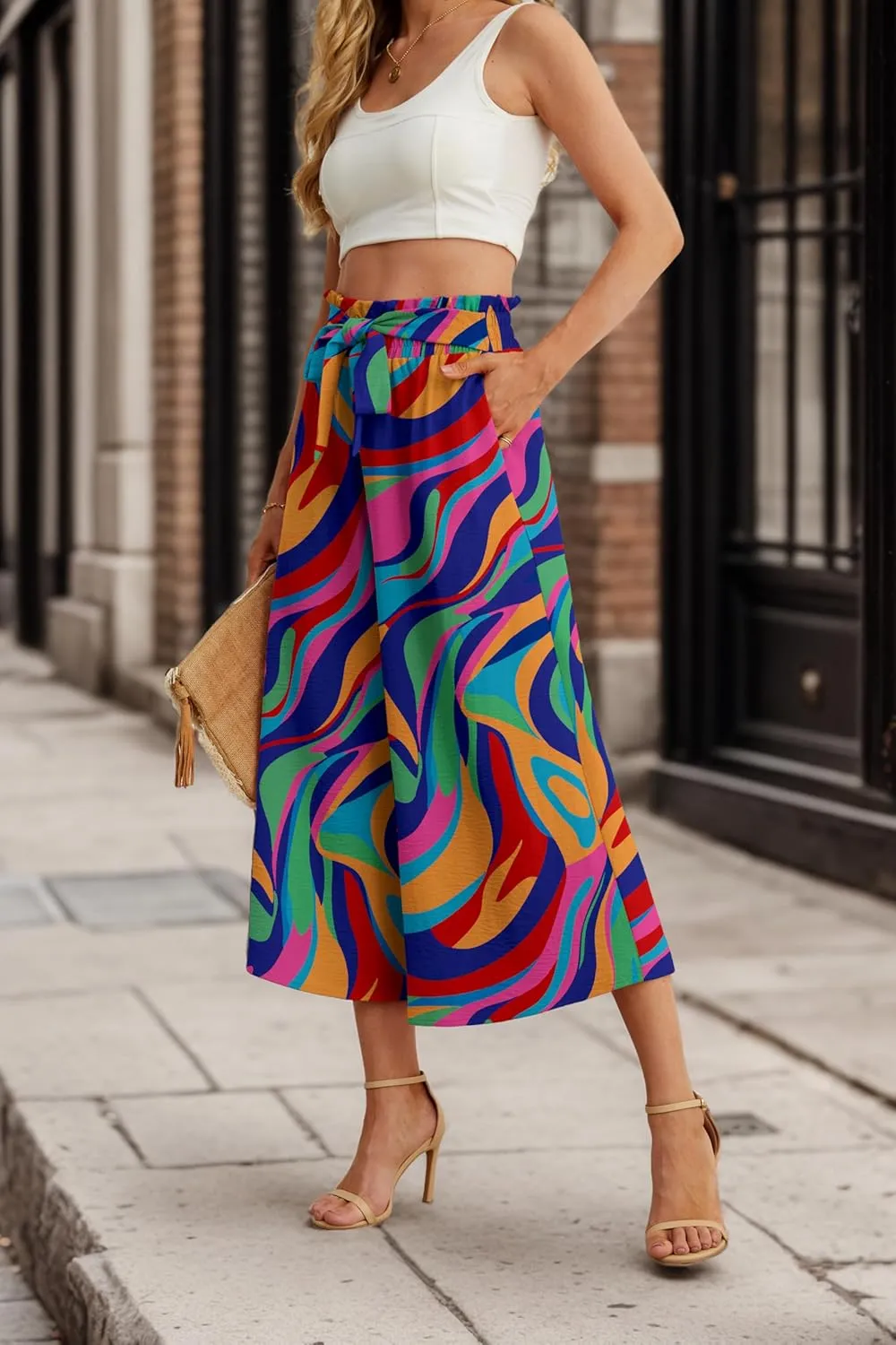 IWOLLENCE Women Flowy Loose Wide Leg Pant Summer Beach Casual Trousers high Waist Adjustable Knot Business Work Casual Pants