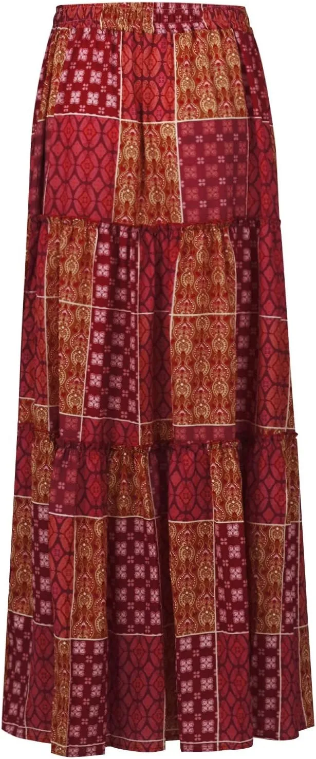 JJHAEVDY Womens Summer Boho Flowy Swing Tiered A-Line Midi Skirt 2025 Fashion Trendy Elastic Waist Pleated Long Beach Dress