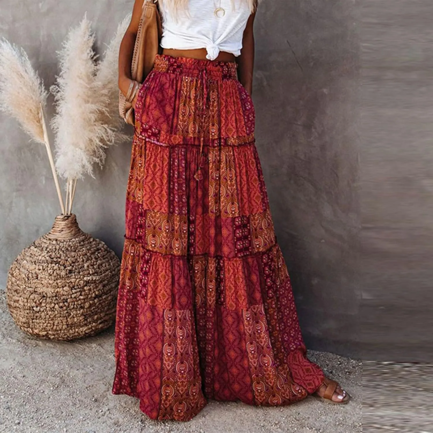 JJHAEVDY Womens Summer Boho Flowy Swing Tiered A-Line Midi Skirt 2025 Fashion Trendy Elastic Waist Pleated Long Beach Dress