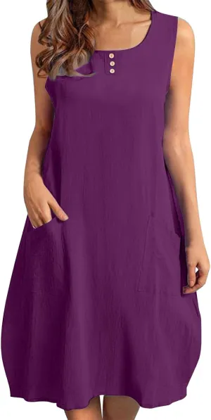 JOAU Cotton Linen Sundresses for Women Summer Casual Loose Sleeveless Tank Dress Crewneck A-Line Beach Dresses with Pockets
