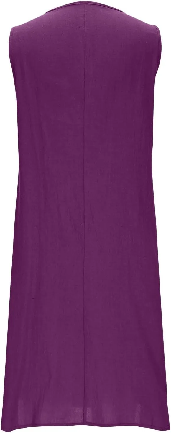JOAU Cotton Linen Sundresses for Women Summer Casual Loose Sleeveless Tank Dress Crewneck A-Line Beach Dresses with Pockets